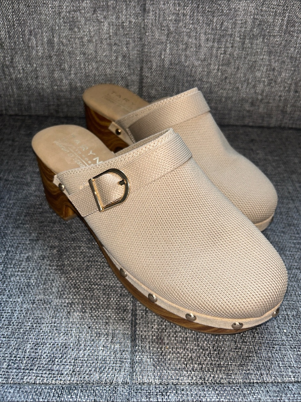 NEW - Taryn Rose FAZIE - Beige Knit Clog Mules with Gold Buckle
